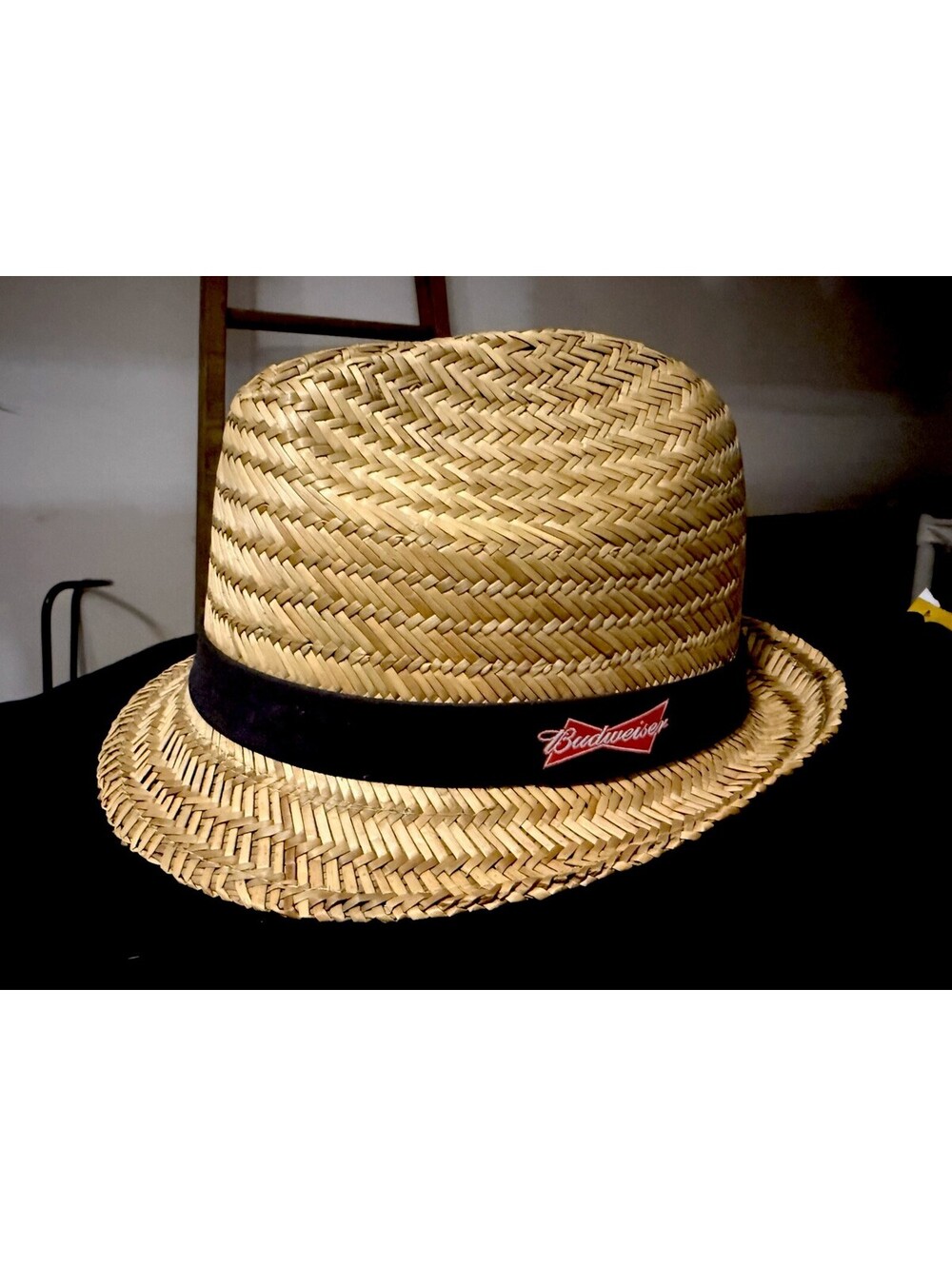 Budweiser Straw Fedora Hat OSFM Tan Black Band Embroidered Beer Logo